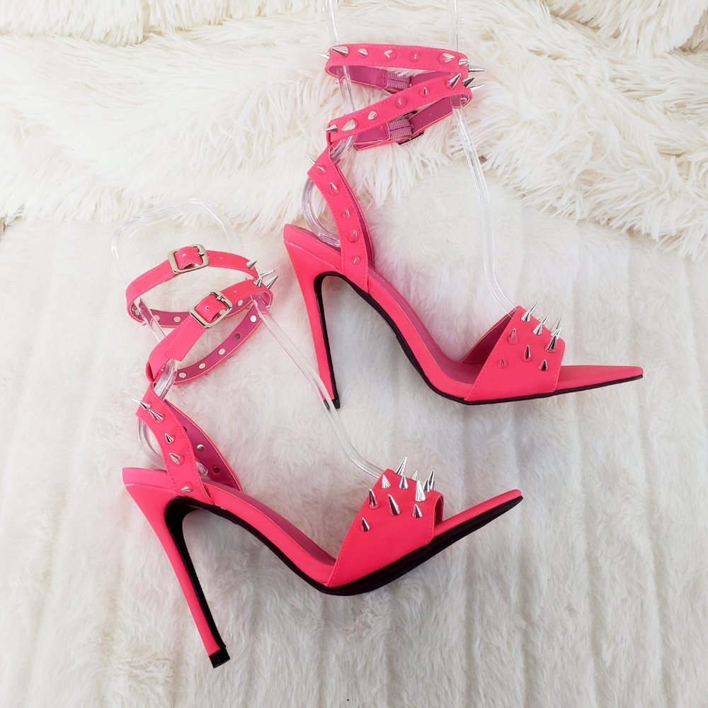 Hot Pink Spike Stud Double Strap High Heel Shoes - Picture 9 of 16